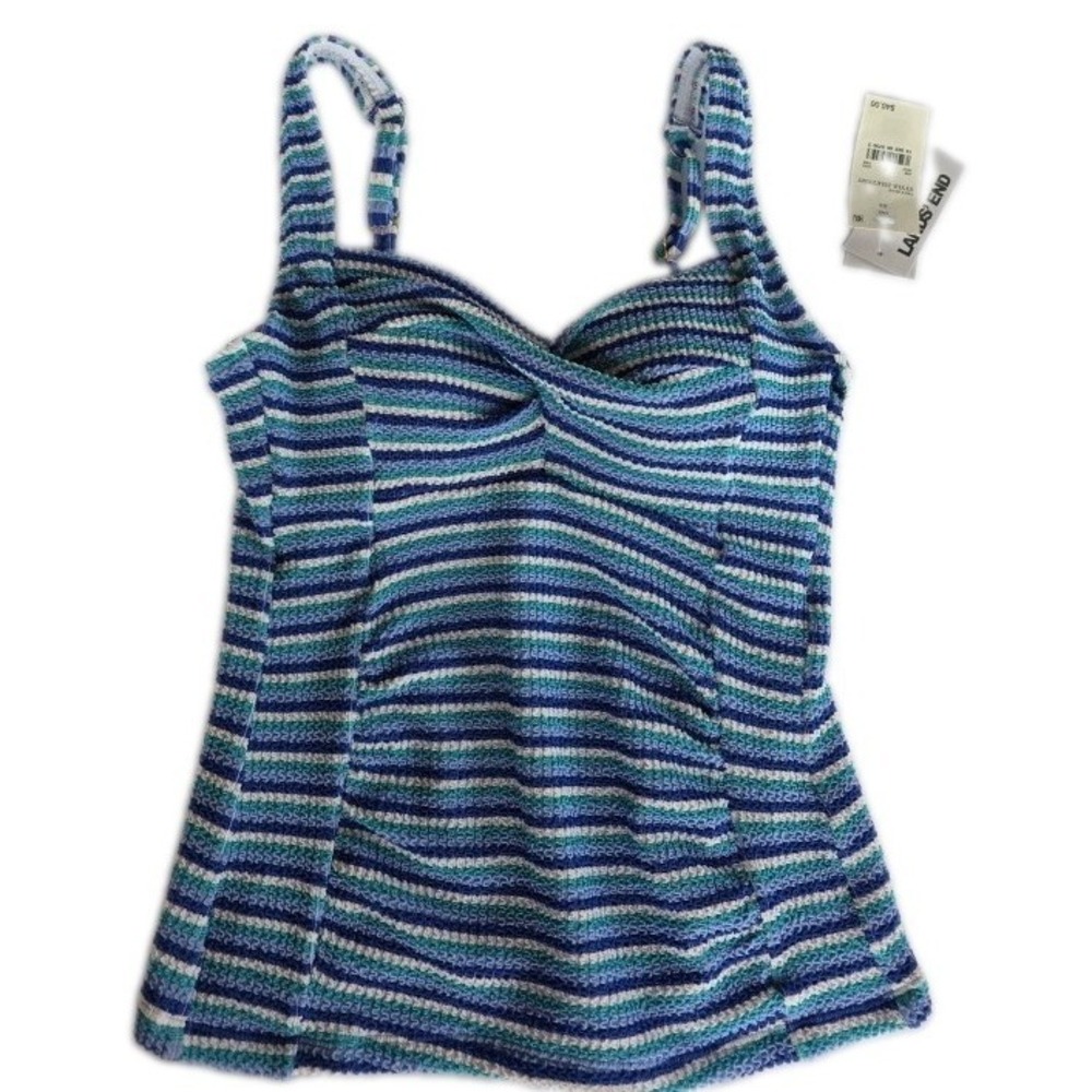 NWT Lands' End Women's Tankini Swim Top Blue Striped Pattern Wide Strap Sz M 370